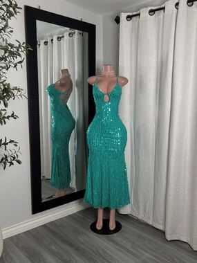 Emerald Sequin Halter Midi Dress
